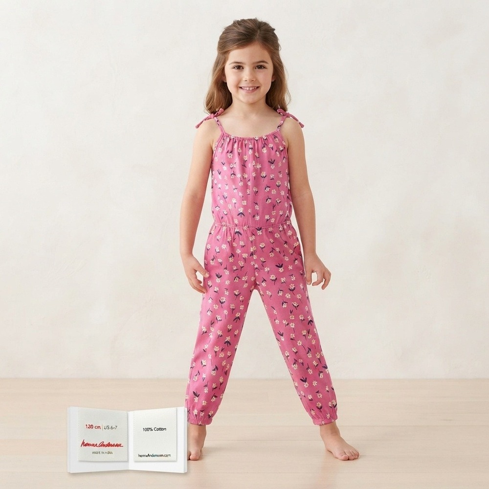 Hanna Andersson Jumpsuit Kids Size 6-7 Pink Good Floral Daisy Cotton Tie Strap